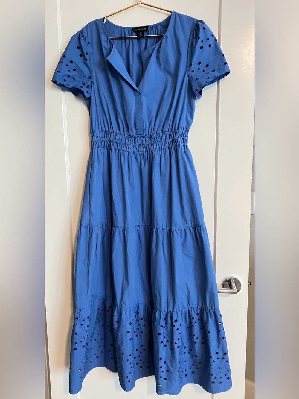 Cynthia Rowley Blue Eyelet Embroidered Tiered Midi Dress Smocked Size Large - Picture 6 of 13